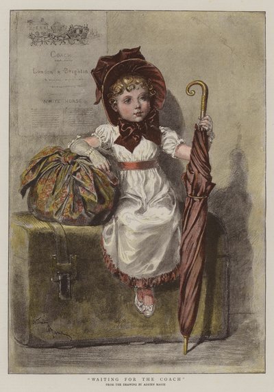 Venter på treneren (chromolitho) av Adrien Emmanuel Marie