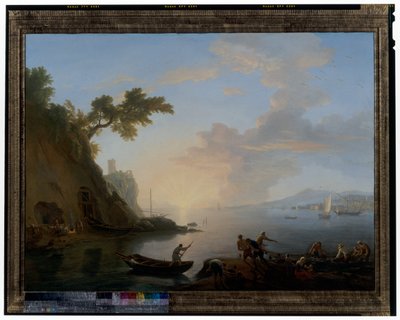 Napolitansk kyst med fiskere ved soloppgang av Adrien Manglard