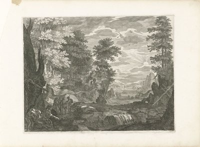 Foss med en by i bakgrunnen Fire landskap i Böhmen (serietittel) av Aegidius Sadeler (II) (attributed to)