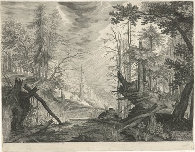 Tre jegere ved en elv i en skog Fjelllandskap fra Tyrol (serietittel) av Egidius  Sadeler (II)