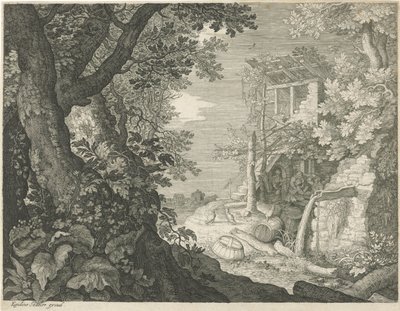 Drikke menn på et vertshus Seks landskap (serietittel) av Egidius  Sadeler (II)