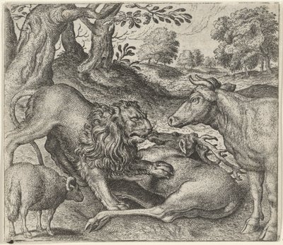 Fabel om løven, kua og sauen på jakt av Egidius  Sadeler (II)