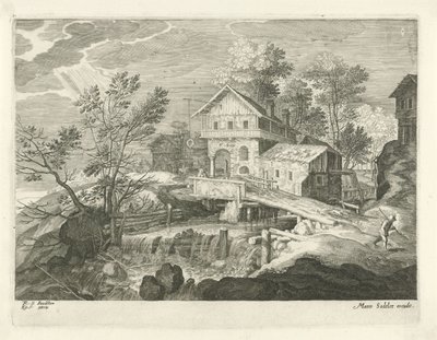 Inn og noen hus ved en bro Landskap fra Tyrol (serietittel) av Egidius  Sadeler (II)
