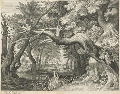 Hjortejakt ved et skogsvann Seks landskap (serietittel) av Egidius  Sadeler (II)