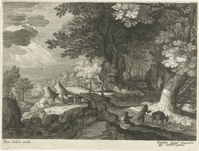 Trebro i et skogslandskap Landskap fra Tyrol (serietittel) av Egidius  Sadeler (II)