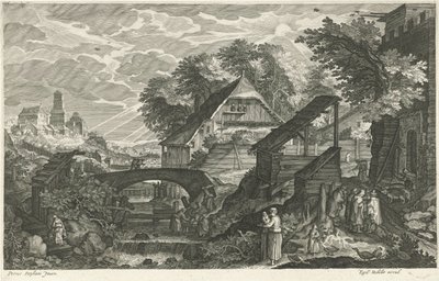 Hus ved siden av en elv Åtte landskap i Böhmen (serietittel) av Egidius  Sadeler (II)