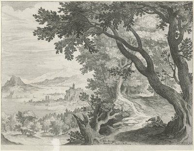 Landskap med to figurer under et tre av Egidius  Sadeler (II)