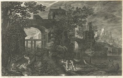 Nattscene med fiskere på en elv Åtte landskap i Böhmen (serietittel) av Egidius  Sadeler (II)