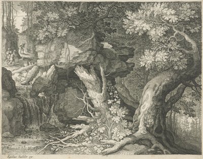Reisende over en foss Seks landskap (serietittel) av Egidius  Sadeler (II)