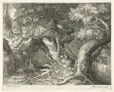 Reisende over en foss Seks landskap (serietittel) av Egidius  Sadeler (II)
