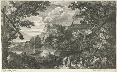 Elvelandskap med fiskere og arbeidere Åtte landskap i Böhmen (serietittel) av Egidius  Sadeler (II)