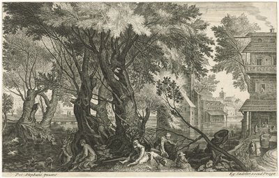 Hvilende jegere nær en gruppe trær Åtte landskap fra Böhmen (serietittel) av Egidius  Sadeler (II)