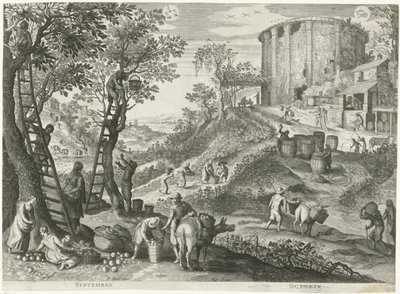 september og oktober De tolv månedene i seks italienske landskap (serietittel) av Egidius  Sadeler (II)