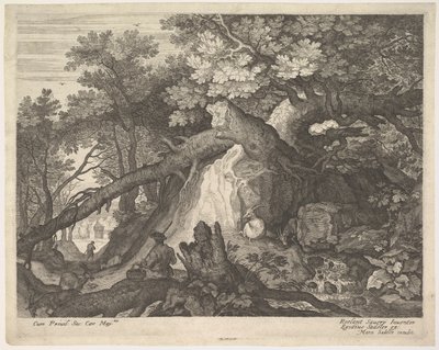 En mann som holder en stav og sitter på en trestamme, med to geiter på hver side, surro..., ca. 1600. av Aegidius Sadeler II