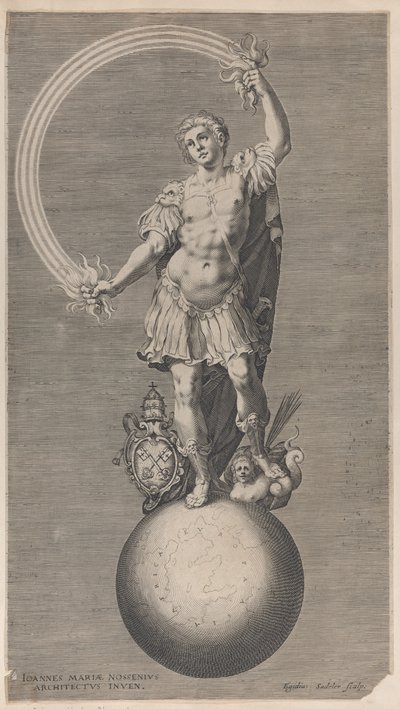Allegorisk figur av en kriger som står på en jordklode med det pavelige våpenskjold a..., ca. 1588-1629. av Aegidius Sadeler II