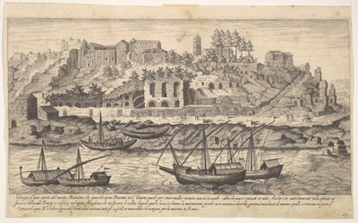 Plate 21: utsikt fra vest av ruinene av Aventine-høyden, Roma, med båter på elven ..., 1606. av Aegidius Sadeler II