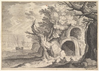 Ødelagt akvedukt med vann som renner fra den til en bekk nedenfor, skip til sjøs bortenfor, en ..., ca. 1600. av Aegidius Sadeler II
