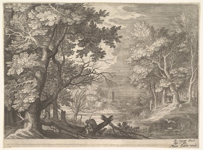 Skogsscene med myrlendte bredder, to menn og en hund i profil til venstre, to-langhalset..., ca. 1600. av Aegidius Sadeler II