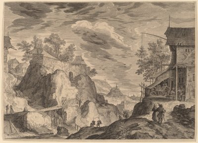 Landskap med et vertshus til høyre og House on Rocks til venstre av Aegidius Sadeler II after Roelandt Savery