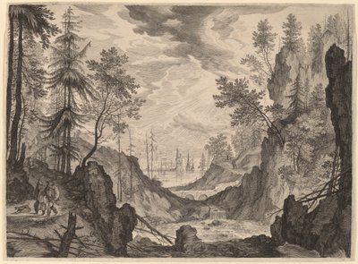 Skogsscene med en foss av Aegidius Sadeler II after Roelandt Savery