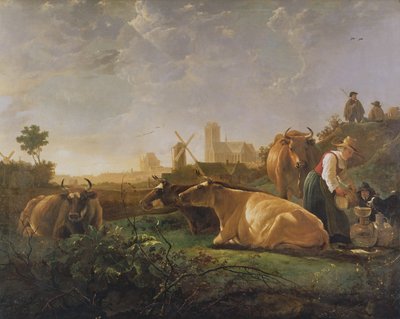 En fjern utsikt over Dordrecht med sovende gjeter og fem kyr (