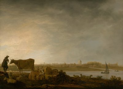 En utsikt over Vianen med en gjeter og storfe ved en elv, ca. 164345. av Aelbert Cuyp
