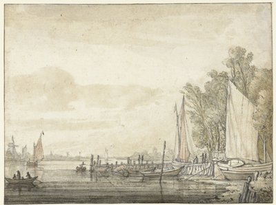 Båter ved en brygge i en elv av Aelbert Cuyp