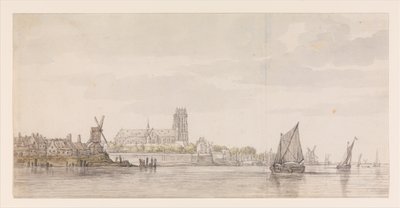 Utsikt over Groote Kerk i Dordrecht fra elven Maas av Aelbert Cuyp