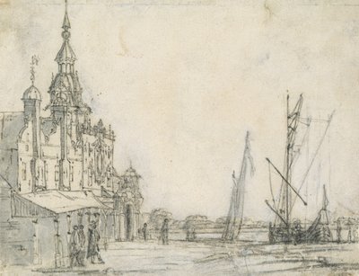 Utsikt over Groothoofdspoort fra nord-øst, Dordrecht, 1618 (kritt på papir) av Aelbert Cuyp