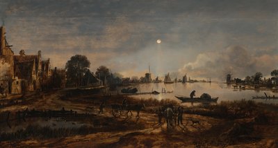 Utsikt over elven ved måneskinn, ca. 1645 av Aert van der Neer