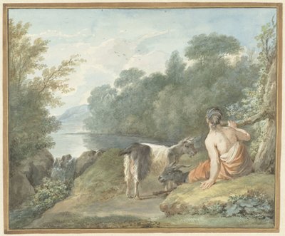 Gjeterinne med geiter i et landskap med en innsjø av Aert Schouman