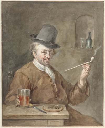 Røykende mann ved et bord med en tallerken, en kniv og et glass av Aert Schouman