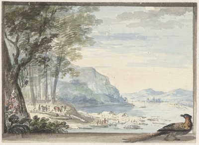 Elvelandskap med en kylling i forgrunnen av Aert Schouman