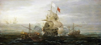 Angrepet på et fransk handelsskip av pirater fra Barbary (eller osmanske sjørøvere), Middelhavet. Olje på tre av Aert Anthonisz (rundt 1579–1620). av Aert van Antum