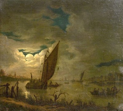 Elvescene med båter og figurer (olje på tre) av Aert van der (imitator of) Neer
