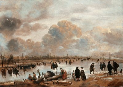 Et vinterlandskap med skatere og byfolk på en frossen vannvei av Aert van der Neer