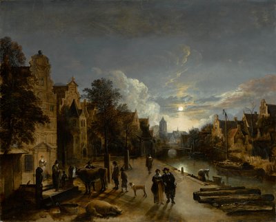 Kanalscene i måneskinn, rundt 1660-tallet (olje på lerret) av Aert van der Neer