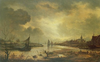 Dutch Town on a River by Moonlight (olje på panel) av Aert van der Neer