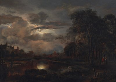 Månebelyst landskap med bro, sannsynligvis 16481650. av Aert van der Neer