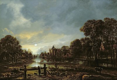 Månebelyst elvelandskap med hytter på de skogkledde breddene av Aert van der Neer