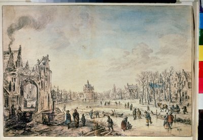Vinterlandskap med skatere. Tegning av Aert Van der Neer (1603-1677) av Aert van der Neer
