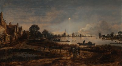 River View by Moonlight Landskap ved måneskinn av Aert van der Neer
