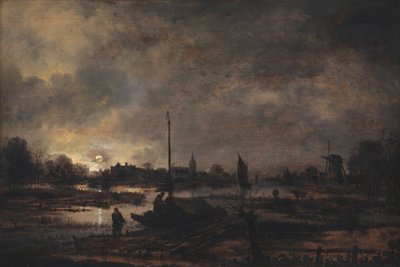 Månen stiger over en landsby av Aert van der Neer