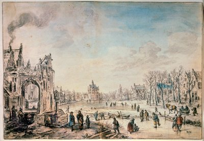 Vinterlandskap med skatere, nederlandsk maleri fra 1600-tallet av Aert van der Neer