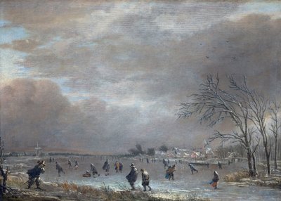 Vinterlandskap med skatere på en frossen elv (olje på panel) av Aert van der Neer