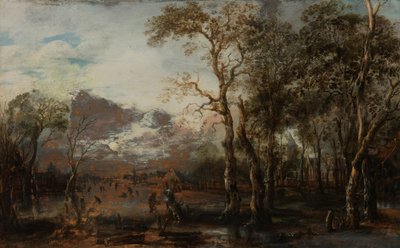 Skoglandskap med jeger/vinterlandskap av Aert van der Neer
