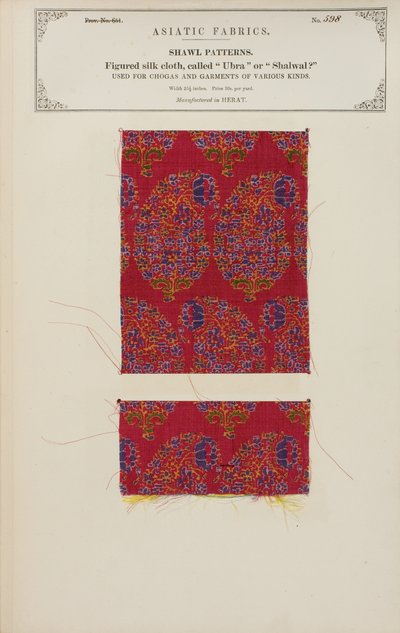 Figuret silkestoffprøve laget i Herat, fra The Collection of the Textile Manufacturers of India, av John Forbes Watson, utgitt i 1866 av Afghan School