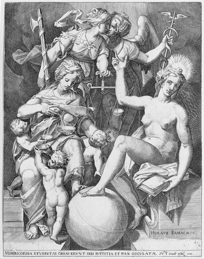 Allegori av Davids salme, Misericordia sittende til venstre og matet fire barn med..., 1579. av After Agostino Carracci.