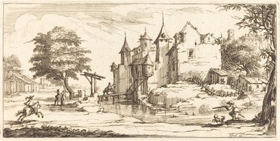 Chateau med en vindebro av After Jacques Callot