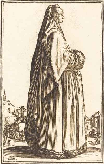 Edel kvinne iført slør og kjole trimmet i pels av After Jacques Callot